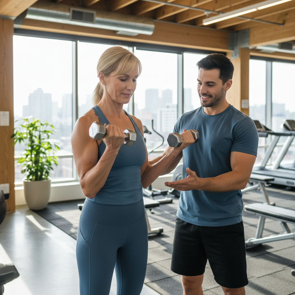 Adult exercising with light dumbbells in a bright modern gym